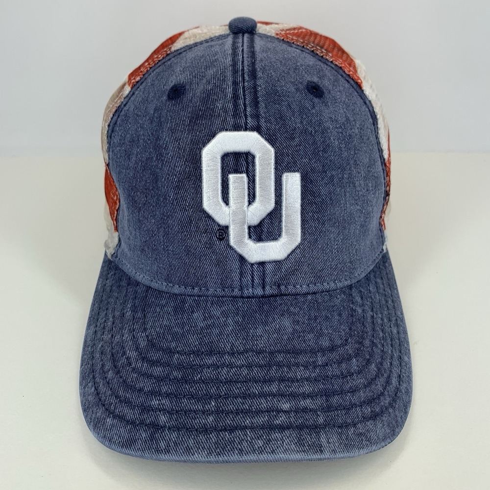 Oklahoma Sooners OU Hat Denim Flag Mesh Snapback Baseball Cap TOW STAIN - Picture 1 of 16